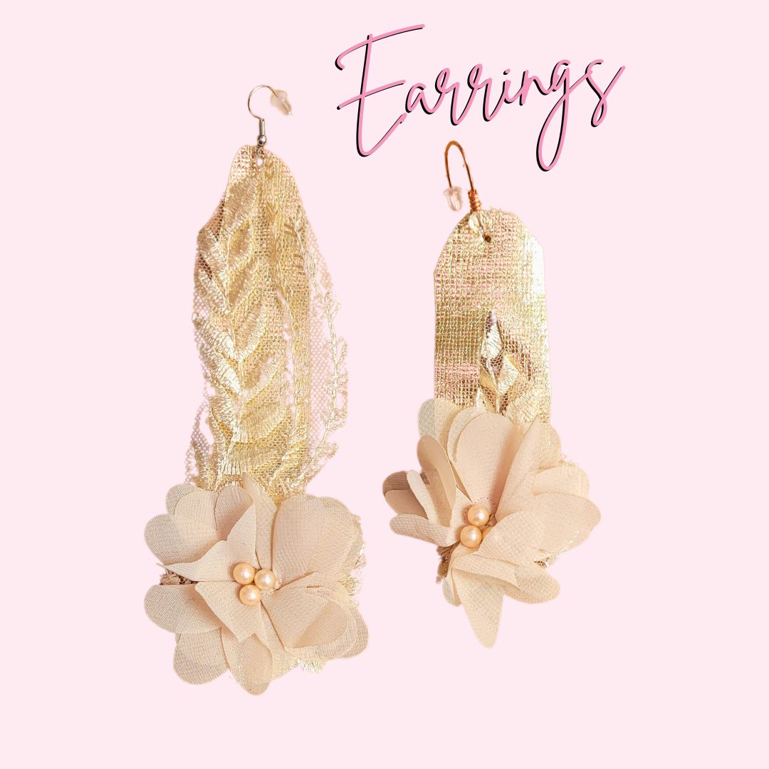 Gold tan flower leather lace hand made earring