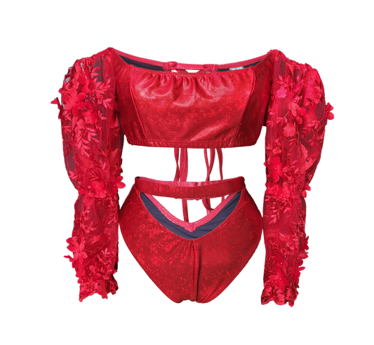 Off Shoulder  long sleeve Red Lace bikini set